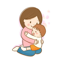 Smiling mother and child hugging illustration with transparent background / 笑顔でハグする親子のイラスト（背景なし）
