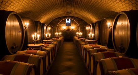 Ancient Wine Cellar Displaying Rows of Barrels Illuminated By Candlelight and Reflected Light