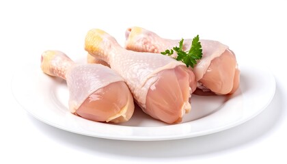Three raw chicken drumsticks on a plate