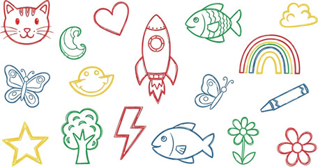 Fototapeta premium Vector art of variety of simple handdrawn icons including animals and shapes