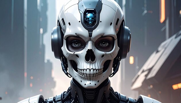 A detailed portrait of an advanced humanoid cyborg with a haunting skull face and realistic eyes, set against a futuristic cyberpunk cityscape background