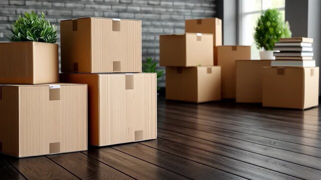 Moving boxes stacked in a modern room with plants and natural light creating a fresh, organized atmosphere