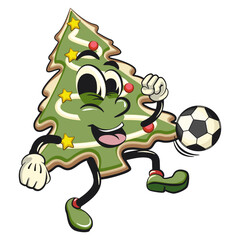 cute christmas tree cookie mascot cartoon character playing football or soccer, vector illustration isolated, work of hand drawn