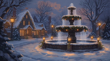 Snow Fountain Surrounded by Festive Lights in Christmas Village