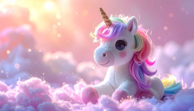 Adorable Unicorn Resting on Fluffy Clouds A Dreamy Illustration with Pastel Colors and Whimsical Charm - Powered by Adobe