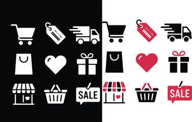 Shopping cart tag delivery bag heart gift store basket sale icons truck