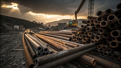 Rusty metal pipes and rebar at a construction site at sunset