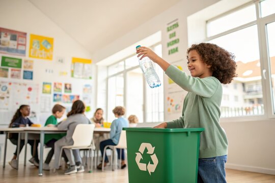 Smiling girl putting plastic bottle into recycling bin in school