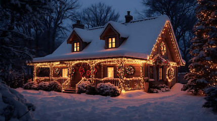 Cozy Winter House with Christmas Lights and Snowfall in the Night
