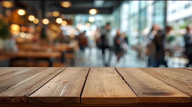 Modern cafe scene with blur customer motion and blank wooden table making a flexible for showcasing product or packaging.