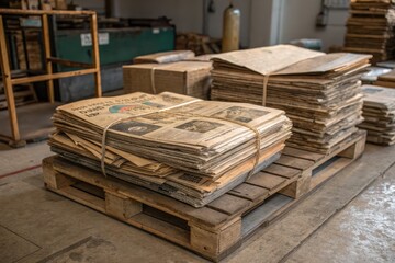 Obraz premium Vintage newspapers stacked on a wooden pallet indoors