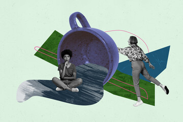 Image pop 3d zine collage of happy girl guy stand puddle coffee cup liquid tea cup bliss ceremony...