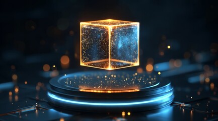 A glowing holographic cube with digital particles floats above a circular platform in a dark, futuristic setting.