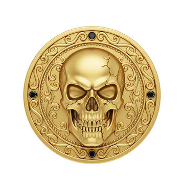 Golden pirate treasure coin with ornate skull emblem