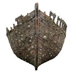 Weathered hull of an old wooden shipwreck with barnacles