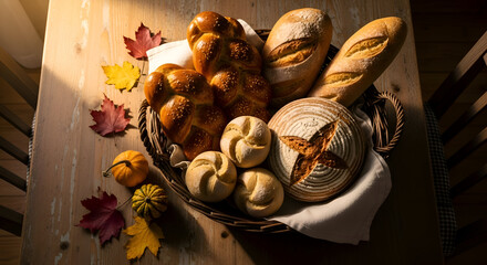 Artful Baked Goods Displayed In A Wicker Basket With Autumnal Accents