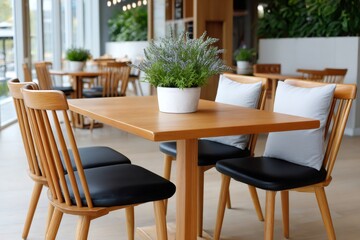 Fototapeta premium Cafe or restaurant interior with wooden furniture and potted plant