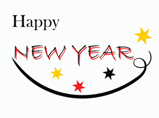 Happy New Year 2026 text design with colorful stars and curved decorative line. Modern festive vector typography for celebration cards, posters, and digital greetings.