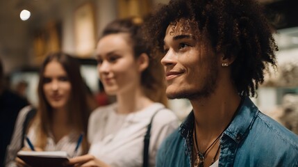Obraz premium Engaged young adults explore an indoor exhibition with a smiling man and women taking notes