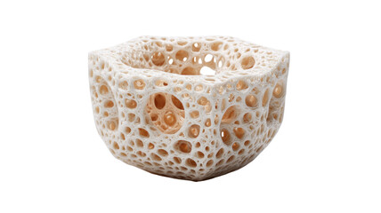 Porous cube shaped 3D printed sculpture with intricate organic network texture and hollow surface structure isolated on white background