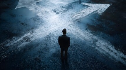 A solitary businessman faces a crossroads marked by two diverging arrows symbolizing a critical decision point for his future journey