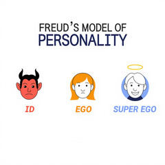 A visual representation of Freud's model of personality, featuring three characters: the Id, Ego, and Super Ego, each symbolizing different aspects of the human psyche