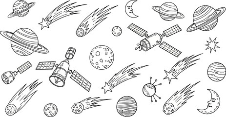 Vector art of handdrawn sketch of planets, satellites, and comets in space