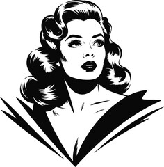 Retro styled woman portrait with vintage hair and clothing silhouette on transparent background