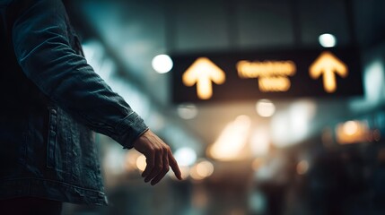 A person s hand points to directional signs within a dimly lit blurred travel terminal