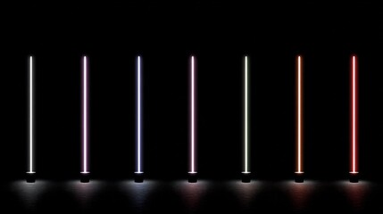 A row of glowing vertical light tubes in various colors stand against a stark black background.