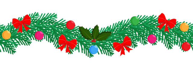 Seamless Christmas Garland pattern with bows, baubles and holly on a line of spruce tree needles, Festive banner graphic element