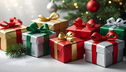 Obraz premium christmas red and green gift boxes background