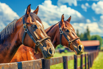 Obraz premium Two beautiful horses peacefully grazing in nature on a bright and sunny day under blue skies
