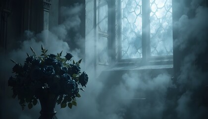 Moonlight shining through gothic window onto a bouquet of black roses, soft mist and romantic shadows filling the room