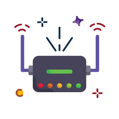 Flat design illustration of a dark purple router emitting Wi-Fi signals with colorful indicator lights and sparkling accents on a transparent background