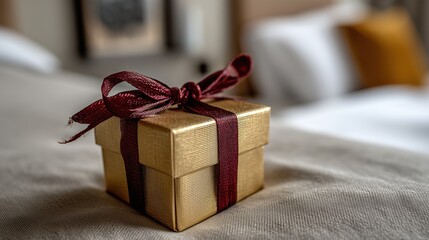 Petit cadeau doré avec ruban bordeaux posé sur tissu beige