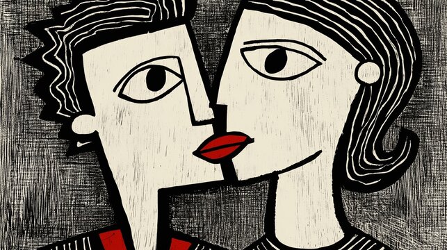 Couple stylis&eacute; dans un style cubiste avec visages g&eacute;om&eacute;triques