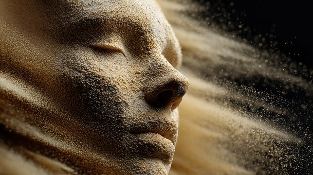 Visage sculpt&eacute; se d&eacute;sint&eacute;grant en particules de sable dor&eacute;es