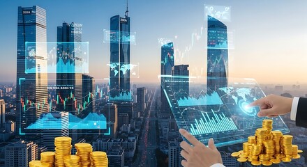 Futuristic cityscape with glowing digital data overlays and stacks of gold coins symbolizing financial growth and investment opportunities