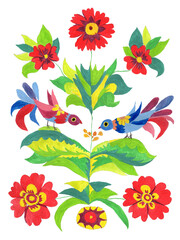Watercolor painted Decorative Tree of life, birds, flowers and leaves, isolated on a white background