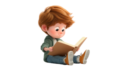 Cute 3D cartoon boy sitting on floor and reading storybook with happy expression isolated on white background