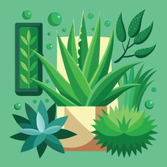 Vibrant aloe vera plant vector illustration with botanical elements and decorative accents
