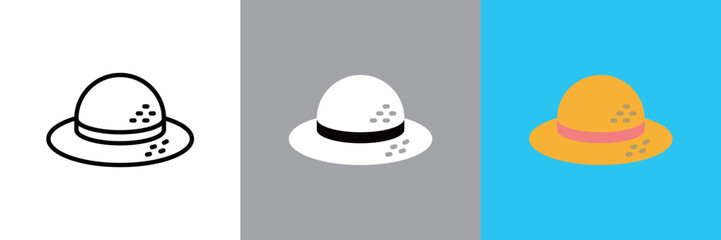 麦わら帽子のカラーとモノクロアイコンセット