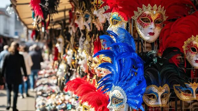 Colorful venetian masks displayed at a street market stall