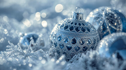 Blue Frosted Christmas Ornament Resting on Snow with Sparkling Lights