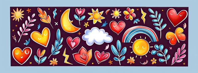 Colorful Pixel Art Composition with Celestial and Floral Elements on Dark Background