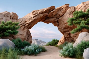 Sandstone rock arch forming natural gateway with winding path