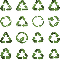 Fototapeta premium Collection of various green recycling symbols and arrows on a white background