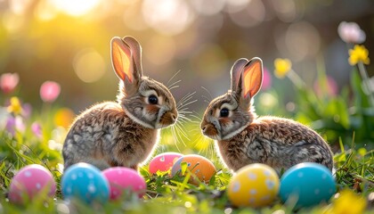 Two adorable baby bunnies in a springtime meadow