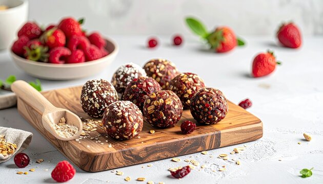Delicious Energy Bites on Wooden Board with Raspberries and Strawberries Still Life